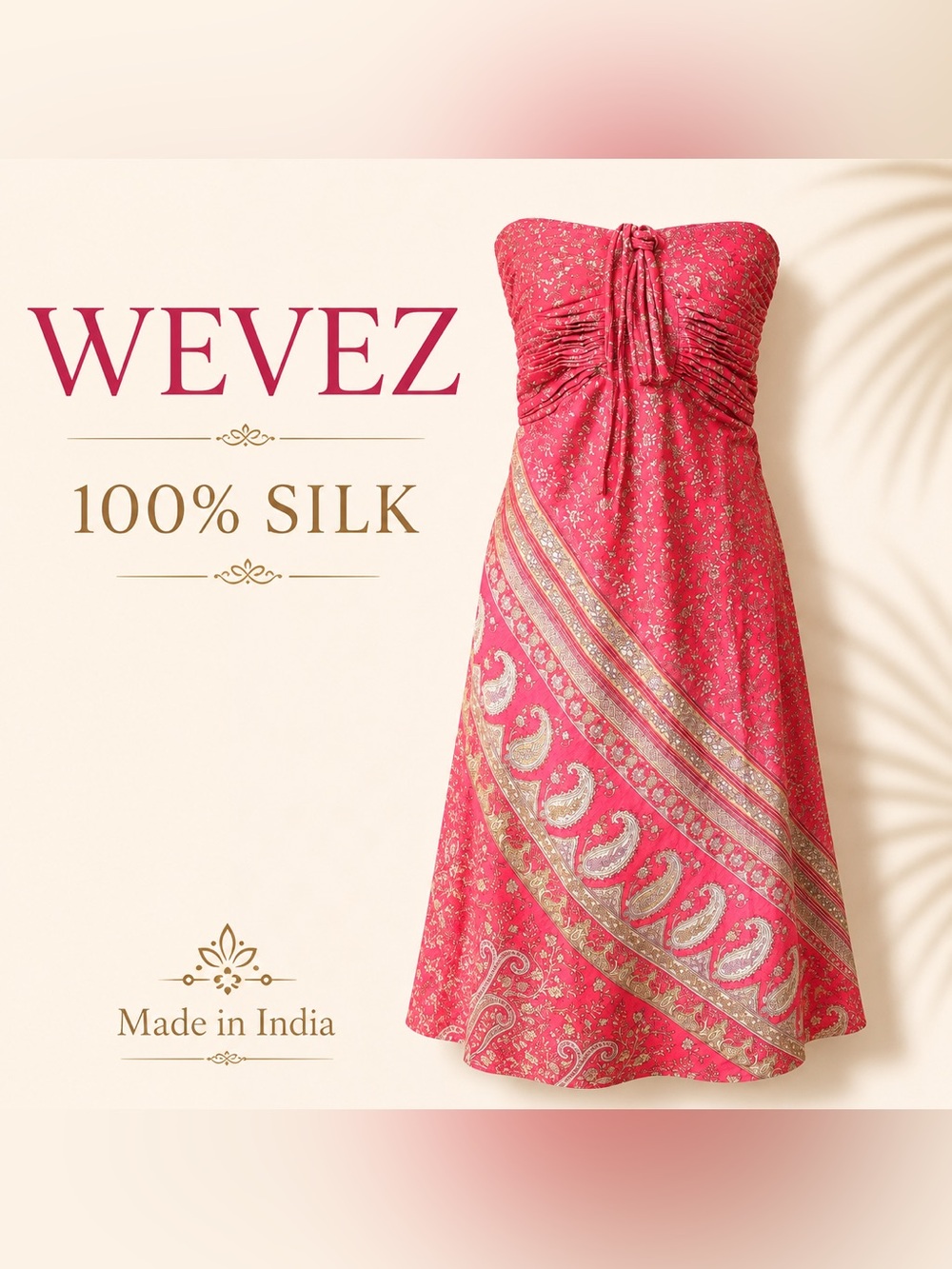 WEVEZ Strapless Silk Sundress in Pink with Paisley Border